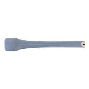 Side view of a gray baseball bat with a flared knob and a gold end detail.