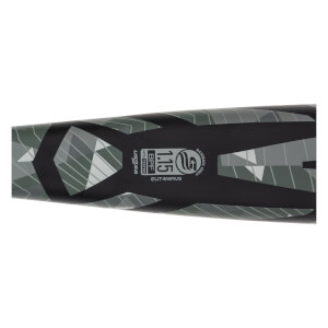 Close-up of the barrel shows a grey geometric camo pattern and the USSSA 1.15 BPF certification stamp with text reading BASEBALL ONLY, NTS TESTED, and EUT4MAV5.