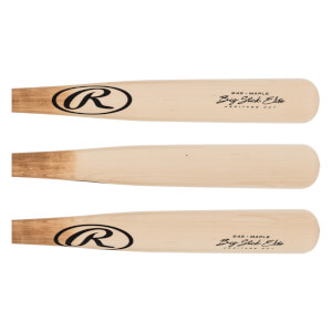 Three views of a light wood baseball bat with a black Rawlings logo and Big Stick Elite text.