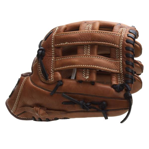 Side view of a brown softball glove with tan stitching and black lacing.