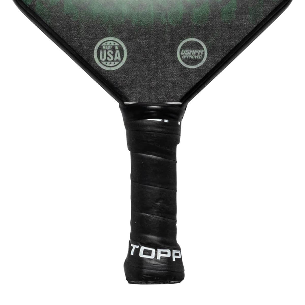 Bottom view of a black pickleball paddle with a black grip, MADE IN USA and USAPA APPROVED logos.