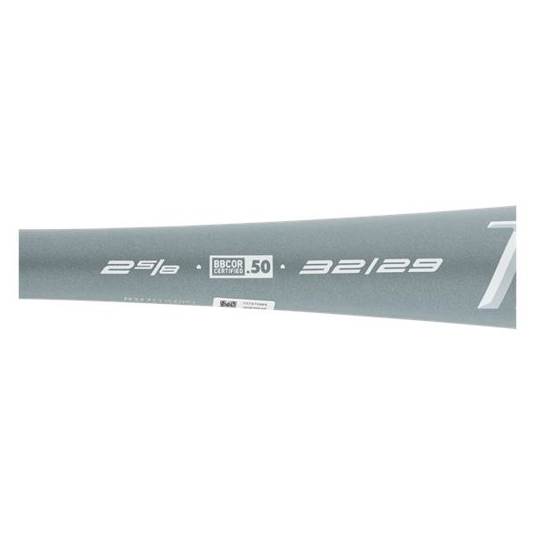 Side view of a gray baseball bat with 25/8, BBCOR CERTIFIED .50, and 32/29 markings.