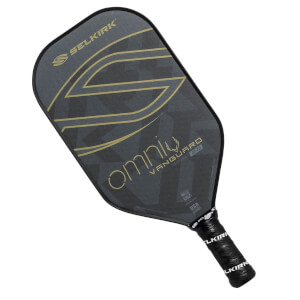Top-down view of a gray pickleball paddle with gold accents, Omniu Vanguard 2.0 text, and a black grip.