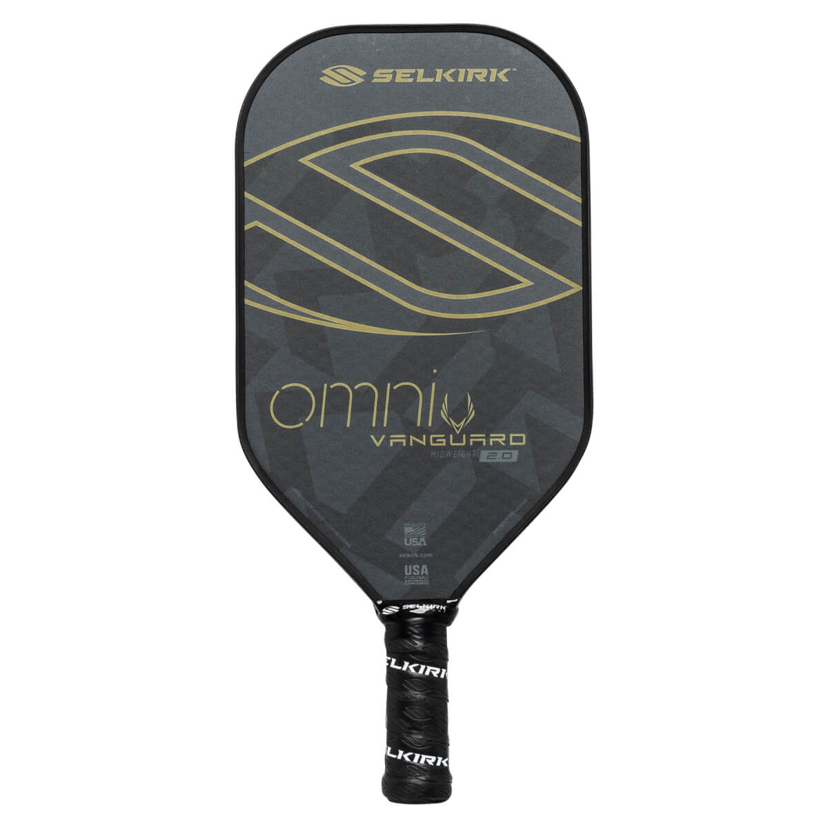 Front view of a black pickleball paddle with a large gold S graphic, omni text, and VANGUARD 2.0 branding.