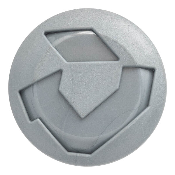 Top-down view of a gray bat end cap with a raised, angular, and layered geometric design.