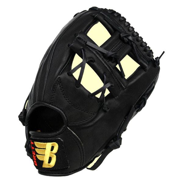 Front view of a black baseball glove with yellow padding and a gold and red B logo.