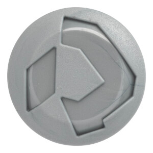 Top-down view of a gray softball bat end cap with a geometric logo.