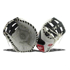 Top-down view of a white and black Rawlings first base mitt with white lacing and a red Rawlings logo.