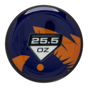 End view of a blue and orange softball bat with a 25.5 OZ label.