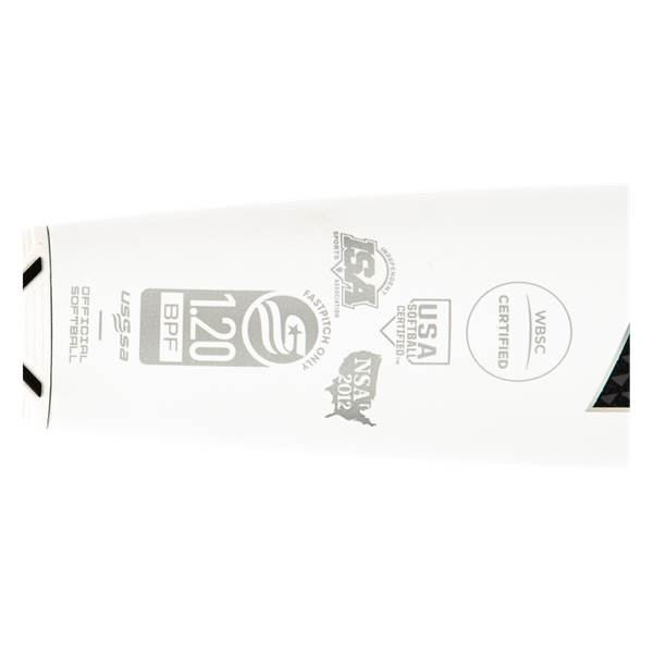 Side view of a white fastpitch softball bat with USSSA, ISA, and USA Softball certifications.
