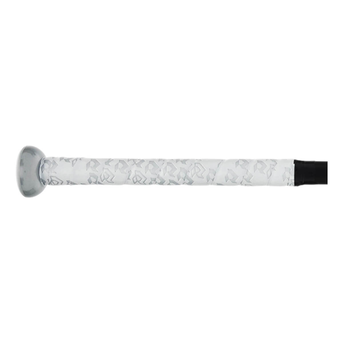 Close-up side view of a white baseball bat grip with a light gray repeating pattern, a silver knob, and black tape.