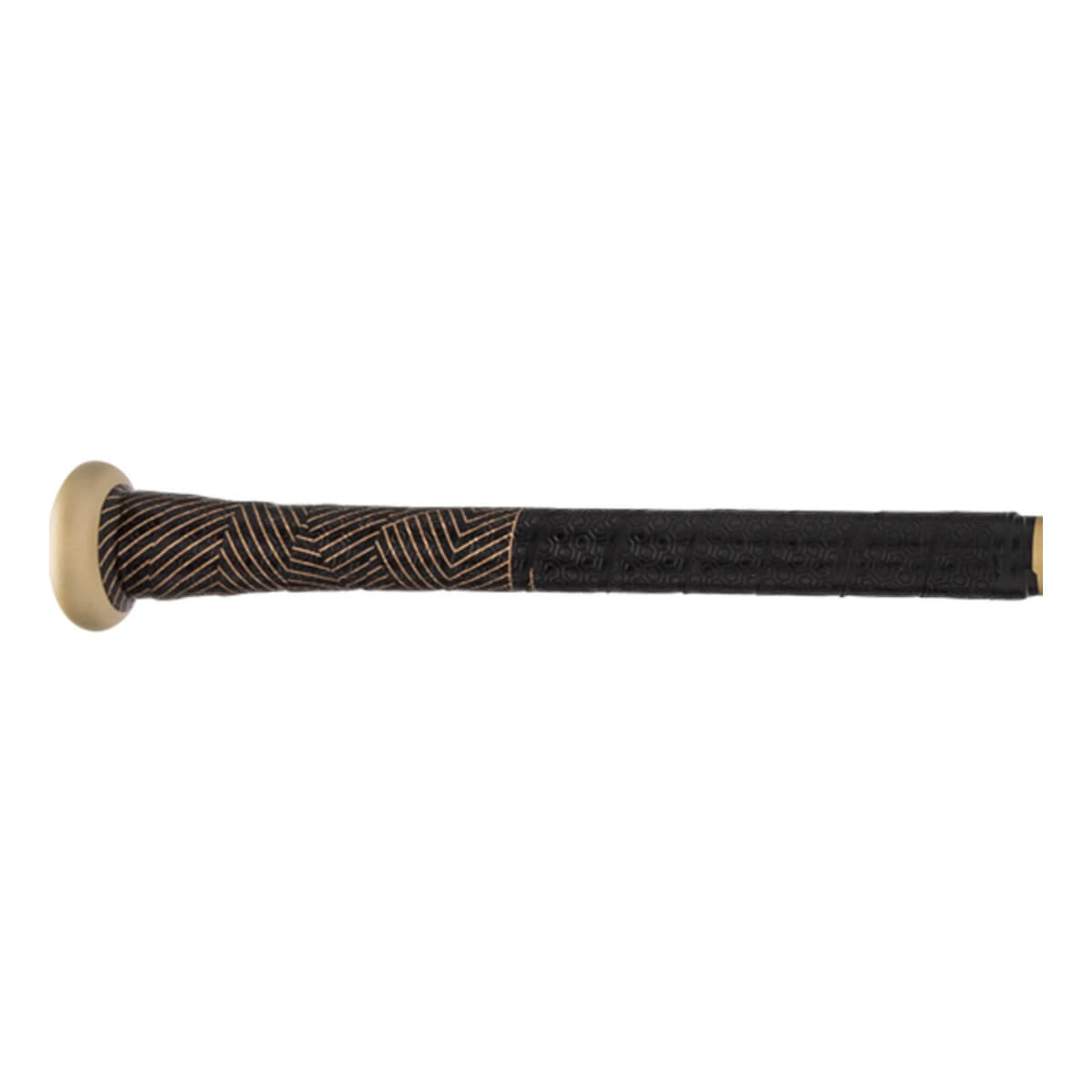 Side view of a gold and black baseball bat with a geometric grip pattern.