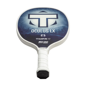 Front view of a white pickleball paddle with a blue and white graphic, OCULUS LX text, and white grip.