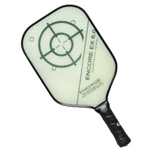 Top-down view of a white pickleball paddle with a green target, ENCORE EX 6.0, and ENGAGE branding.