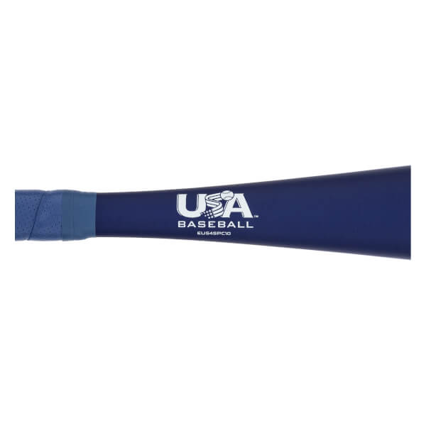Side view of a dark blue baseball bat with a blue textured grip and white USA BASEBALL logo.