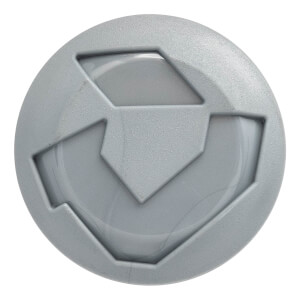 Top-down view of a gray bat end cap with a raised, angular, and layered geometric design.