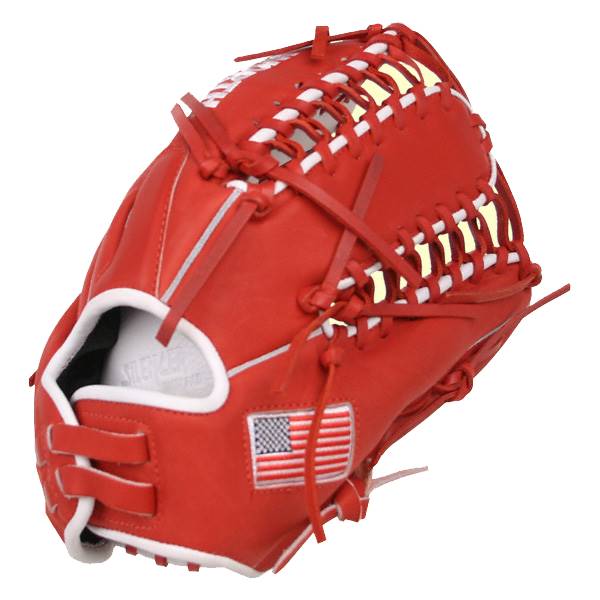 Side view of a scarlet baseball glove with white lacing and an embroidered American flag.