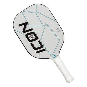 Front view of a white pickleball paddle with black ICON text, teal diamond pattern, and white grip.