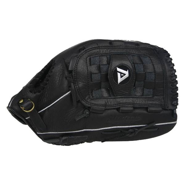 Side view of a black baseball glove with a white A logo and white stitching.