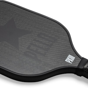 Corner view of a black carbon fiber pickleball paddle with a star logo and PXIII text.