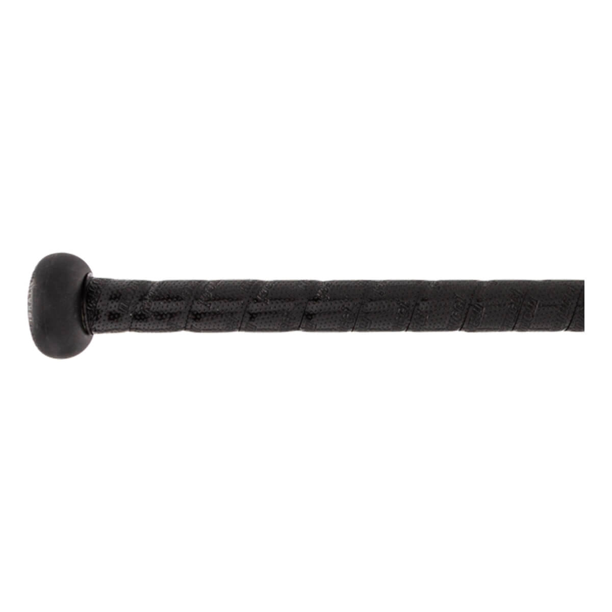 Side view of a black baseball bat with a textured grip and rounded knob.
