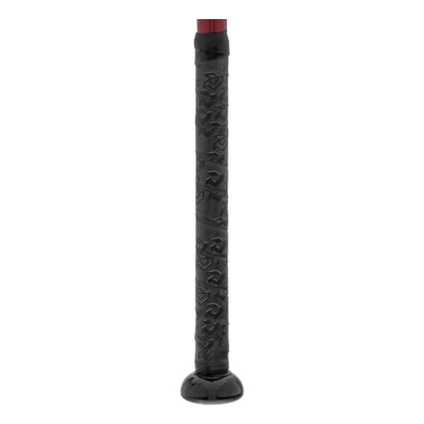 Close-up of a black baseball bat grip with a repeating pattern and a red end cap.