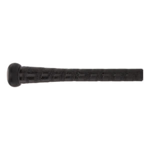 Side view of a black baseball bat with a textured grip and rounded knob.