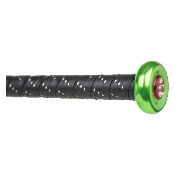 Side view of a green softball bat with a black perforated grip and a circular end cap.