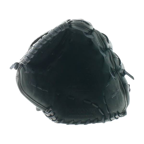 Top-down view of a black baseball glove with stitched finger stalls and a deep pocket.