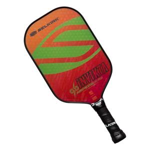 Top-down view of a red and orange pickleball paddle with green stripes and INV IKTA text.