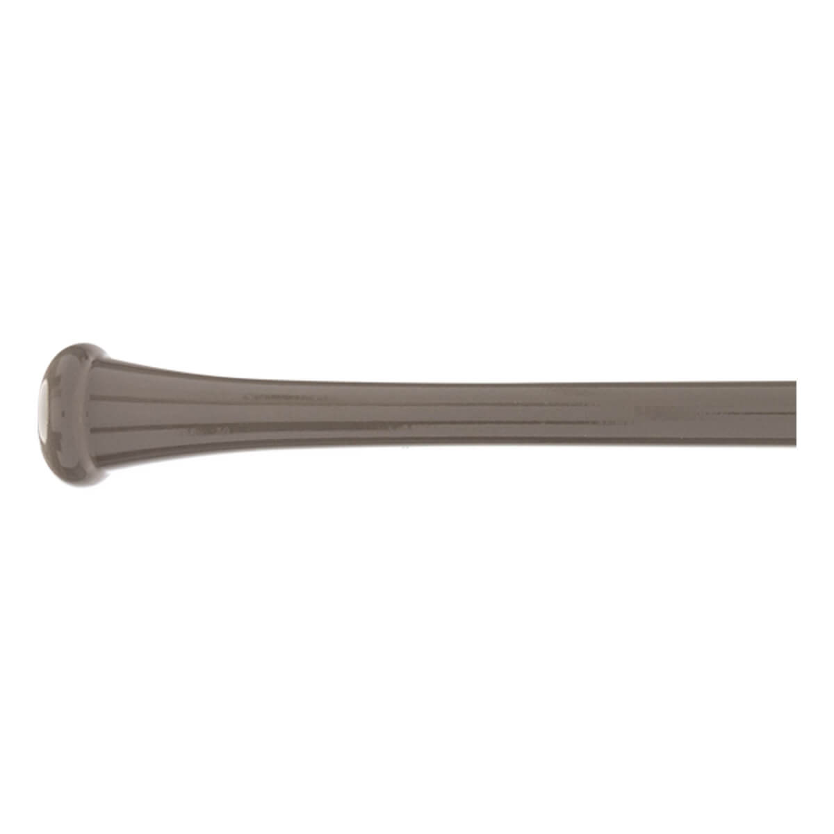 Side view of a gray baseball bat with a flared knob and grooved barrel.