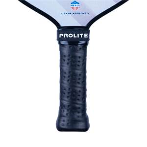 Close-up of a black pickleball paddle grip with a perforated texture and PROLITE branding.