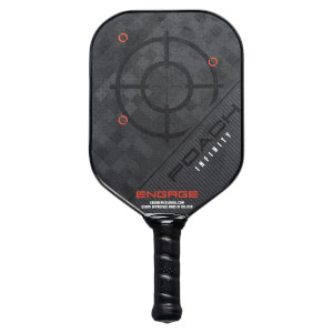 Front view of a black pickleball paddle with a target design, POACH INFINITY text, and Engage branding.