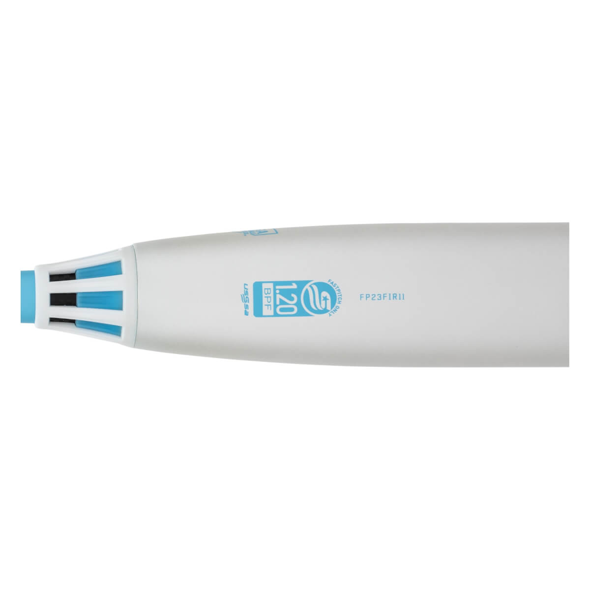 Close-up side view of a white fastpitch softball bat with a light blue vented end cap and BPF 1.20 stamp.