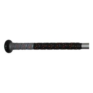 Side view of a black baseball bat with a gray diamond-patterned grip and orange dots.