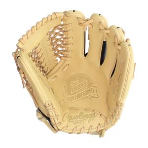 Front view of a tan baseball glove with Rawlings Pro Preferred branding and tan lacing.