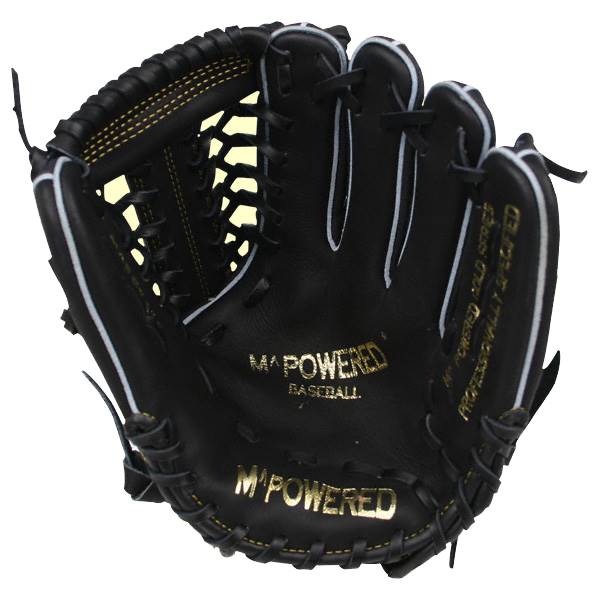 Front view of a black baseball glove with gold M^POWERED branding and white stitching.