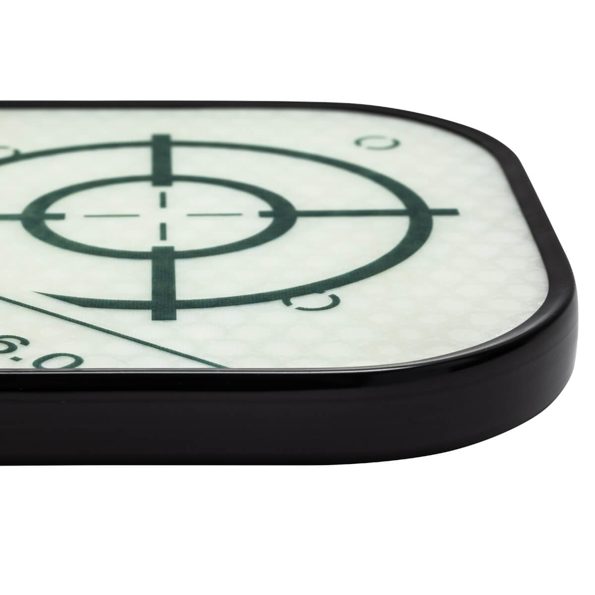 Corner view of a white pickleball paddle with a dark green target design and black edge.