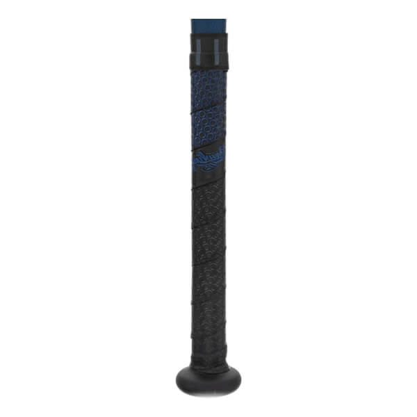 Close-up of a black baseball bat grip with blue patterned texture and Rawlings logo.