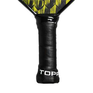Bottom view of a black pickleball paddle grip with white TOPP branding.