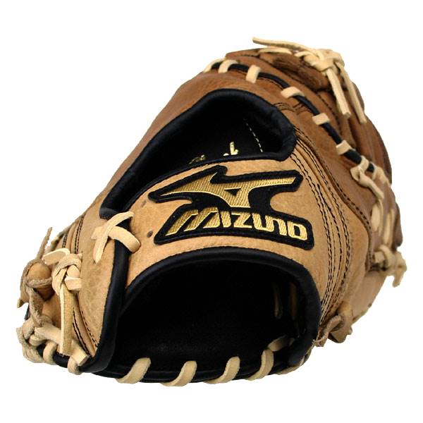 Top-down view of a tan baseball glove with black lacing and a gold Mizuno logo.