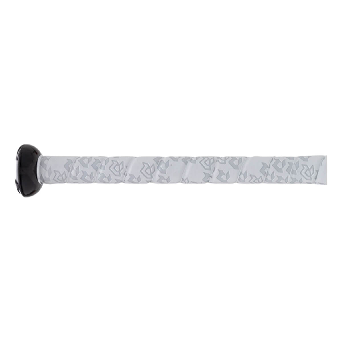 Close-up view of the bat handle features a black rounded knob and white grip tape with a repeating light gray R logo pattern.