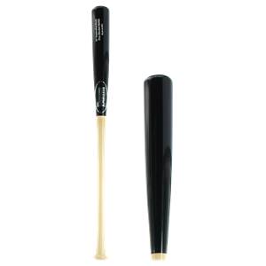 Front view of a black and natural wood baseball bat with Baum logo and Pro Model B243 text.