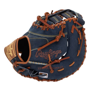 Front view of a navy baseball mitt with brown leather lacing and Rawlings branding.