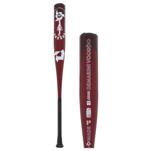 Front and close-up views of a maroon DeMarini Voodoo baseball bat featuring white graphics, the "D" logo, and prominent "-5" and "DEMARINI VOODOO" text on the barrel.