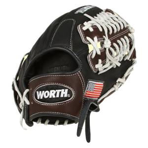 Front view of a black and brown baseball glove with white lacing, WORTH logo, and American flag patch.