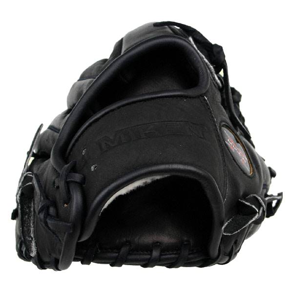 Top-down view of a black baseball glove with MIKEN embossed on the heel and a red logo patch.