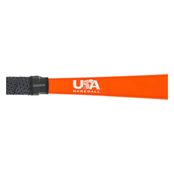 Side view of an orange baseball bat with a black grip and USA Baseball logo.