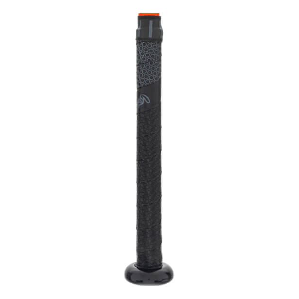 Close-up of the black grip on a baseball bat with a Rawlings logo and orange end cap.