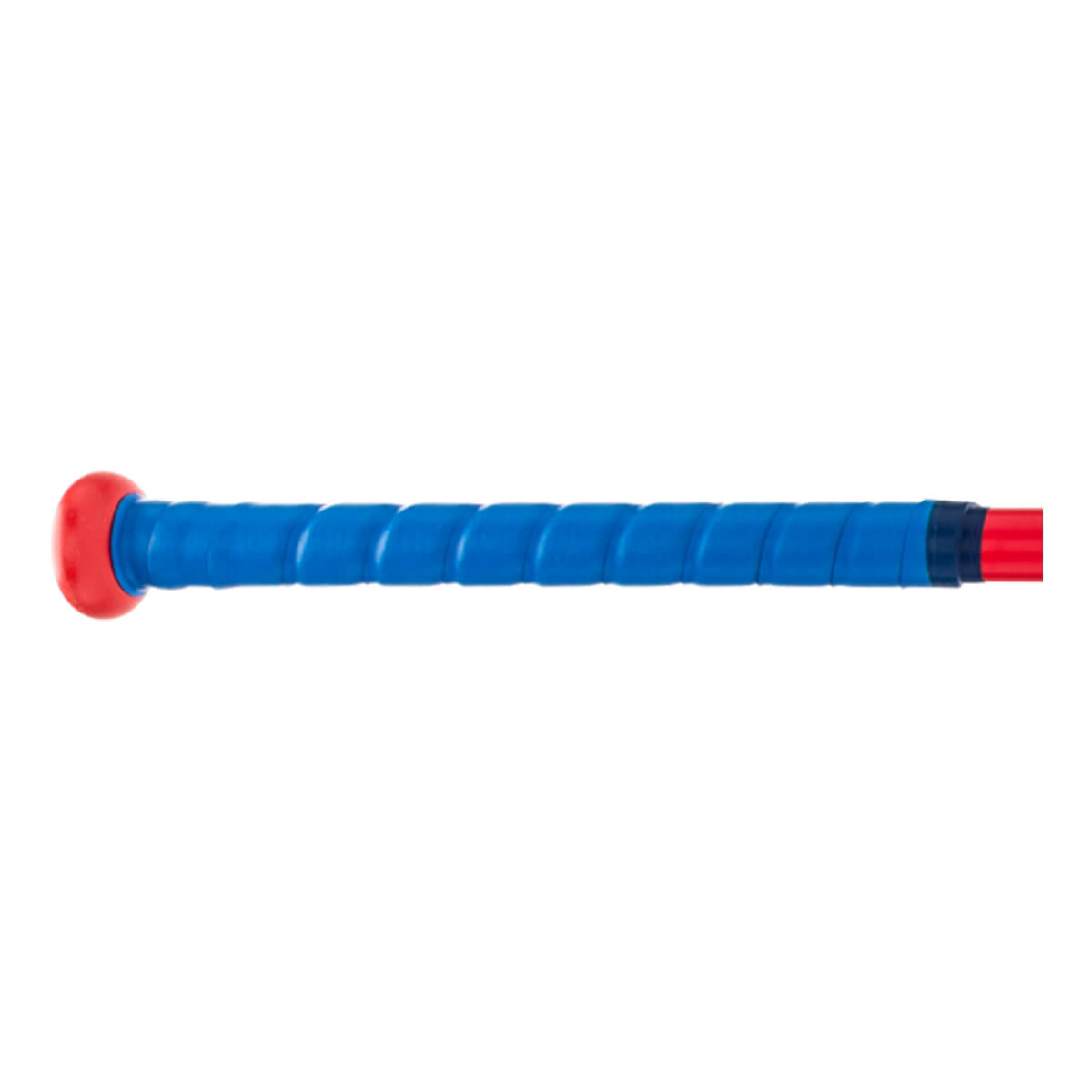 Close-up of the blue and red softball bat handle with a spiral-wrapped grip and red knob.